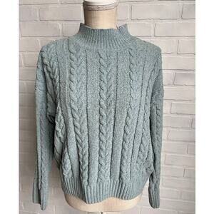 Hippie Rose Soft Cozy Blue Green Long Sleeve Mockneck Cableknit Sweater - sz M